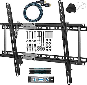 Cheetah Tilt TV Mount fits 32-86 Inch TVs up to 165lbs Max VESA 600x400mm, with 10ft HDMI Cable, Universal Flat Wall Mount Bracket, fits 16-24" Studs, Ultra Low 1.3" Profile Adjusts to 15 Degree Tilt