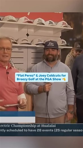 “We call him ‘Flat Perez’ now.” 🤣 Checking in with the @bobdoessports guys Nick “Fat Perez” Stubbe and Joseph “Joey Coldcuts” Demare at the @breezygolf booth. Golf Channel | @pgagolfshows | Golf Channel