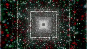 A black background with bright squares leading inside along the corridor. Motion.Shiny floating particles and large squares of blue shades leading inside the abstraction.