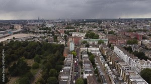 Drone view of Brompton Cemetery and the streets of Kensington in London