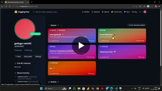 #machinelearning #datascience #frauddetection #streamlit #docker #huggingface #python #ai #mldeployment #opentowork | G VAMSHI