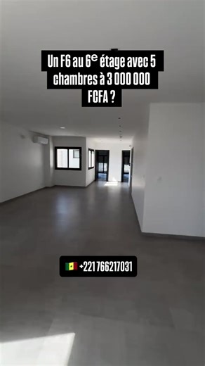 Vous cherchez un appartement de grande superficie dans une résidence sécurisée ? Voici une opportunité rare : • 5 chambres • Salon XXL avec double baie vitrée • Cuisine généreuse • Climatisation intégrale • Double entrée • Balcon Un bien qui offre volume, lumière et fonctionnalité. Idéal pour ceux qui veulent de l’espace sans compromis. 💰 3 000 000 FCFA / mois Les F6 en résidence sécurisée sont très recherchés. 📞 Appelez maintenant : 221 76 621 70 31