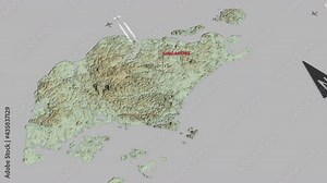 Seamless looping animation of the 3d terrain map of Singapore with the capital and the biggest cites in 4K resolution
