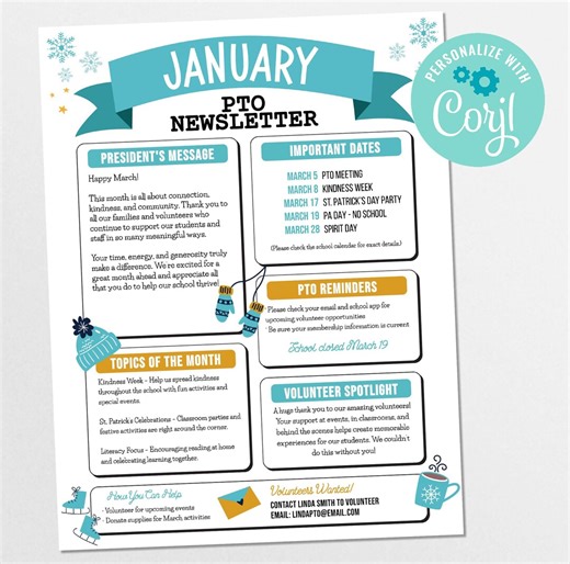 Editable School Newsletter Template, January PTO Newsletter Template, School Events Flyer Monthly Newsletter PTA Template PTA Newsletter - Etsy Canada