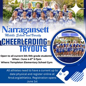 12 reactions | Get ready… a new season is upon us. Let’s goooo!!! Tryouts are open to all current 5-11th graders. Bring your A game and positive attitudes. Registration opens on June 1st. All Athletes will need an Up to date Physical on file. Please register at https://www.nrsd.org/o/nrsd/page/athletics. | Narragansett Cheerleading | Facebook