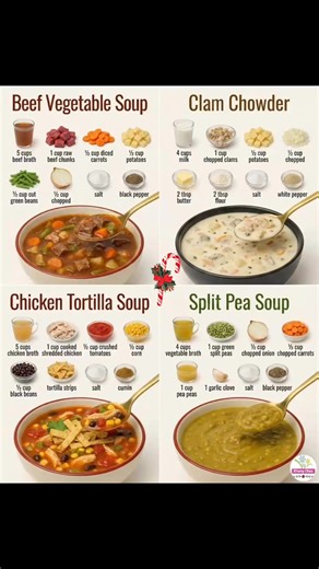 Kheng Chea on Instagram: "🍲 Soup's On! 4 Cozy Recipes to Try Tonight! 🍲 Warm up with these delicious soup ideas. Which one is your favorite? 😋 🥩 Beef Vegetable Soup • Ingredients: 5 cups beef broth, 1 cup beef chunks, ½ cup diced carrots, ½ cup diced potatoes, ½ cup cut green beans, ½ cup chopped onion, salt, black pepper. • Instructions: Simmer beef chunks in broth until tender. Add all vegetables and cook until soft. Season with salt and black pepper. Serve hot. 🥣 Clam Chowder • Ingredien