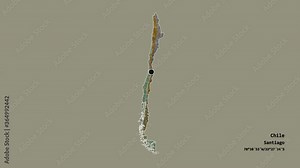 Región Metropolitana de Santiago, region of Chile, with its capital, localized, outlined and zoomed with informative overlays on a relief map in the Stereographic projection. Animation 3D