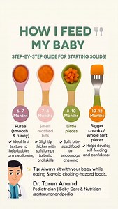 🍽️ How I Feed My Baby – Step-by-Step Guide for Starting Solids! 🥄👶 Introducing solids is an exciting milestone, but many parents feel confused about what texture is right at what age. Here’s a simple guide I recommend: 🟣 6–7 Months ✔️ Puree (smooth & runny) ➡️ Ideal first texture to help babies learn swallowing. 🟠 7–8 Months ✔️ Small mashed bits ➡️ Slightly thicker with soft lumps to build oral skills. 🟢 8–10 Months ✔️ Little pieces ➡️ Soft, bite-sized food to encourage chewing. 🟧 10–12 M