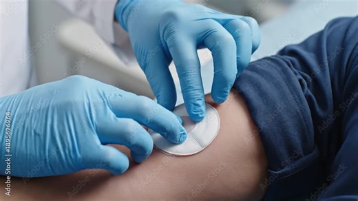 Medical professional attaching a sensor to a patient's arm in a clinical setting