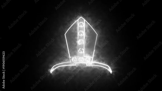 Catholic hat. Bishop mitre with shamrok. Festive decoration. Neon glowing.
