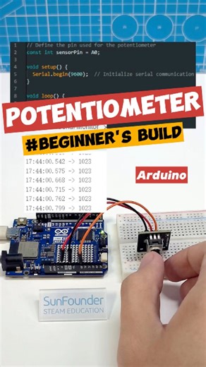 Reading Analog Data with Just 3 Lines of Code!#Arduino #Electronics #STEMEducation #ArduinoProjects #TechTutorial #Potentiometer #DIYTech #LearnToCode #MakersGonnaMake #ArduinoBeginner | SunFounder OpenSource