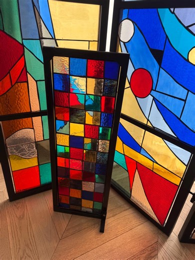 Colorful Geometric Stained Glass Panel – Modern Abstract Window Art, Handmade Decorative Glass, Vertical Suncatcher - Etsy