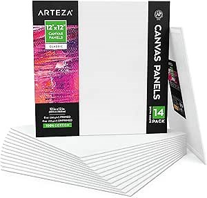 ARTEZA Canvas Boards for Painting, 12 x 12 Inches, Pack of 14, Blank White Square Canvas Panels for Acrylic, Oil and Gouache Painting