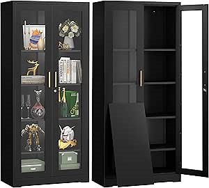 Curio Display Cabinet with Glass Door,71”H Metal Display Case with 4 Adjustable Shelves,Black China Storage Cabinet for Collectibles,Living Room,Assemble Required