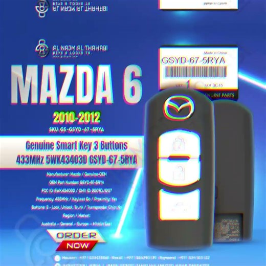 2010-2012 Mazda 6 Genuine Smart Key 3 Buttons 433MHz 5WK434O3D GSYD-67-5RYA. #gskey #uae #key #sale