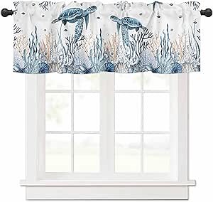Summer Kitchen Valances for Windows, Coral Seaweed and Sea Turtles Small Window Curtains 1 Panel Rod Pocket Valances for Windows/Living Room/Bedroom/Bathroom Curtains Window 42 x 18 Inch