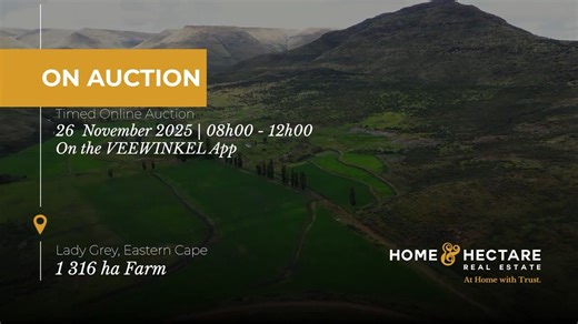 ‼𝐍𝐄𝐖 𝐑𝐄𝐋𝐄𝐀𝐒𝐄‼ - 📍Lady Grey, Eastern Cape 💰Online Auction 📅 𝐀𝐮𝐜𝐭𝐢𝐨𝐧 𝐃𝐚𝐭𝐞: 𝐖𝐞𝐝𝐧𝐞𝐬𝐝𝐚𝐲, 𝟐𝟔 𝐍𝐨𝐯𝐞𝐦𝐛𝐞𝐫 𝟐𝟎𝟐𝟓 🕗 Time: 08:00 – 12:00 📍 Place: Online at VEEWINKEL 👀 Viewing: By appointment - Discover 1 316 hectares of prime farmland — a perfect balance of natural grazing and cultivated potential! - ✨ Farm Highlights: • 35 ha arable land • Mixed grazing • 14 well-maintained camps • 1.2m fencing in good condition • Eskom power • Carrying capacity: 1 LSU per 6
