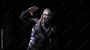 4k shot of an alien woman with silver patterns on her face and white eyes is using an alien technology