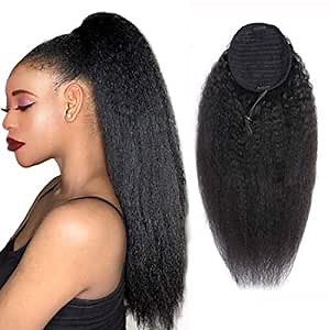Drawstring Ponytail Kinky Straight Ponytail 100% Human Hair Drawstring Ponytail Extensions Natural Black Color for Women Clip in Ponytail Hair Extensions(18 Inches,125g)