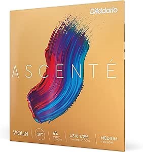 D'Addario Ascente Violin Strings - Violin Strings with Ball Ends, Synthetic Core - A310 1/8M - Full Set - 1/8 Scale - Medium Tension