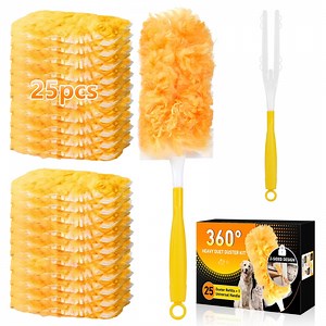 360° Duster Refills Kit for Swifter Duster, 25 Pack & 1 Handle, Multi-Surface Dusters with 4X Microfibers. Efficient Duster Kit for Cleaning Pet Hair, Home, Office, Blinds, Furniture and More