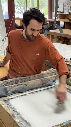 Adelphi Paper Hangings on Instagram: "Jack is printing Hermitage Vine in our colorway A. This pattern is French, circa 1825-1835. #blockprintedwallpaper #historicalwallpaper #reproductionwallpaper #wallcoverings #adelphipaperhangings #handmadewallpaper #antiquewallpaper #historicalhomes #interiordecor #luxurywallpaper"
