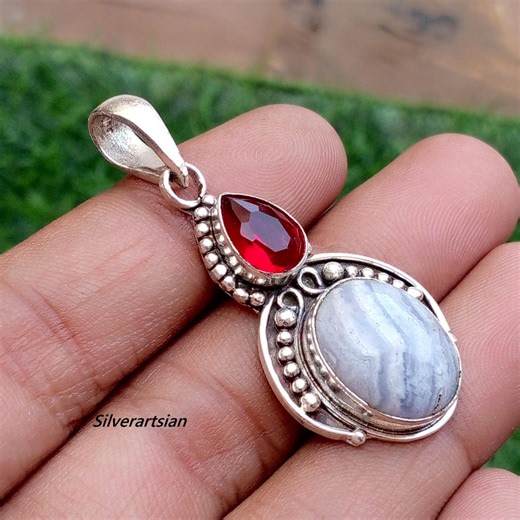 Natural Blue Lace Agate & Red Garnet Pendant in 925 Sterling Silver, Boho Jewelry, Handmade Pendant, 2 Gemstones Pendant, Gift for Valentine - Etsy