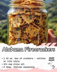 Alabama Firecrackers Ingredients - 1 12 oz. box of crackers - saltine or ritz style - 3/4 cup olive oil - 2 tbsp. Italian seasoning - 3 tbsp. chili flakes Instructions Empty the crackers into a large Ziploc bag and pour in the olive oil. Coat the crackers with the oil, then add the spices. Seal the bag and shake it, turning it over and over until all the crackers are coated evenly. Leave the sealed bag at room temperature overnight, turning it over every so often. Serve with a creamy dip if you 