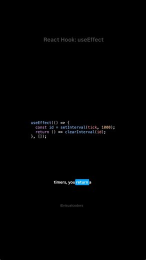 Coding Visuals | Tech | 100k 🎯 on Instagram: "⚛️ useEffect Explained (React Hook) useEffect lets you perform side effects in functional components. 📌 Runs after component renders 📌 Used for API calls, subscriptions, timers, DOM updates 🧠 Syntax: useEffect(() => { // side effect code }, [dependencies]); 🔹 No dependency → runs on every render 🔹 Empty array [] → runs once (on mount) 🔹 With dependencies → runs when they change #useEffect #ReactJS #FrontendDevelopment #WebDevelopment #JavaScri