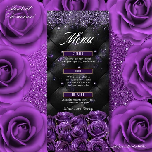 Floral Printable Birthday Party Menu Template Purple, Editable Menu Card, Birthday Dinner Table Menu Download - Etsy