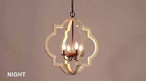 LALUZ Farmhouse White Wood Chandelier, Rustic 4-Light Distressed Pendant Light with Rust Brown Metal Frame, French Country Lighting Fixtures Adjustable Height for Dining Room, Kitchen Island, Foyer