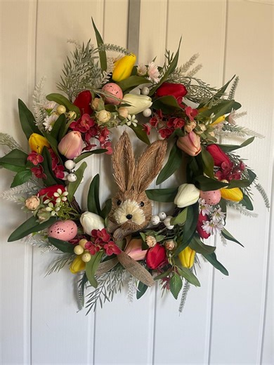 Easter Bunny Spring Flower Deluxe Handmade Artificial Wreath With Red, Yellow, Pink Tulips, Daisies and Mixed Eggs. - Etsy