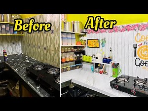 Indian Non Modular Kitchen Makeover|Kitchen Makeover with wallpapers|DIY countertop organisation