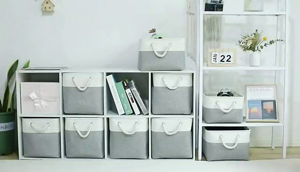 13 x 13 Inch Cube Storage Bins, 6 Pack Extra Large Collapsible Fabric Storage Bin with Ropes, Foldable Storage Cubes for Home (White & Grey-13"x13"x13")