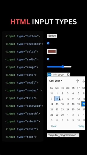 Html input type!!#programmingl#webdevelopment #htmltutorial #htmlcss #devloper