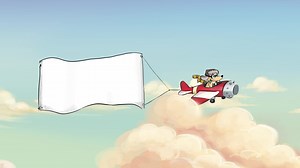 Dog flying with plane among the clouds with advertising banner, in children's illustration style