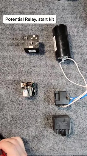 potential relay aka voltage relay aka start relay. It's job is to take the start capacitor out of circuit at approximately 75-80% rpm with the back EMF of the compressor energizing an electromagnetic to open the contacts. HVAC Start kit