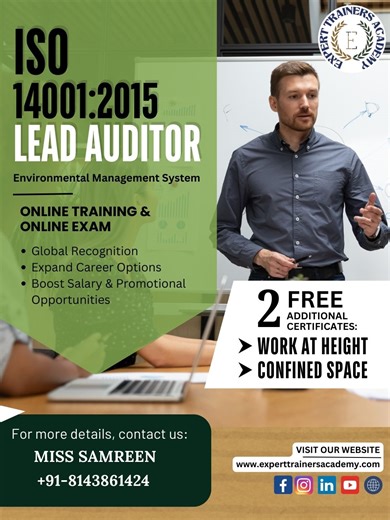 Samreen Begum on Instagram: "🌱 ISO 14001:2015 Lead Auditor Certification – Elevate Your Career in Environmental Management! 🌍 Become an ISO 14001:2015 Lead Auditor and stand out in the industry! This globally recognized certification in Environmental Management Systems (EMS) will boost your career and open doors to higher salary & promotion opportunities! 💡 Why Choose This Course? ✅ 100% Online Training & Exam – Learn at your own pace! ✅ Expand Career Opportunities in Environmental Auditing ✅