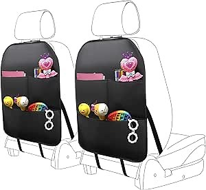2 Pack PU Leather Kick Mat Back Seat Protector With 3 Storage Pockets, Universal Car Seat Back Organizer For Kids Pets, Waterproof Backseat Protector For Most Car (Black)
