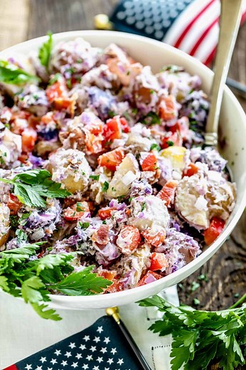 Red, White and Bleu Potato Salad (with horseradish and bacon)