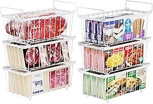 iSPECLE Freezer Organizer Bins - 6 Pack Small Stackable Deep Freezer Organizer Bins for 7 Cu.Ft Freezers Easy Get Bottom Foods without Digging, Chest Freezer Organizer Prevent Frozen Food Waste, White