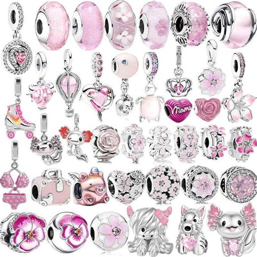 Pink Silver Flower Heart Charm Beads, S925 Sterling Silver, Fits Pandora Bracelet, DIY Women Jewelry Gift - Etsy