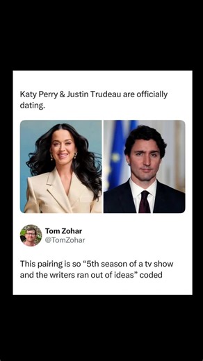 Johnny Bravo Explains Memes on Instagram: "Hey everyone, Johnny here to explain. This meme pokes fun at the absurdity and randomness of celebrity culture and media headlines. It starts with a fake, exaggerated announcement that pop star Katy Perry and Canadian Prime Minister Justin Trudeau are “officially dating,” a pairing so unexpected that it immediately feels like something out of a bizarre alternate reality. The tweet below by Tom Zohar delivers the punchline: “This pairing is so ‘5th seaso