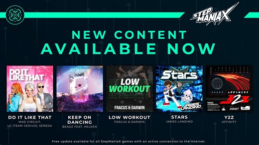 ✨ Shiny new content coming your way in the latest #StepManiaX Update! ✨ Featuring songs from Mad Circuit, LG (Team Genius) & Sereda, Monstercat's BEAUZ feat. Heleen, the duo of Fracus & Darwin, certified gamer James Landino, and the resurrection of Affinity! Out now! | StepManiaX