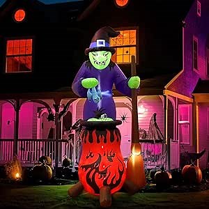 OurWarm 8FT Halloween Inflatables Outdoor Decorations, Inflatables Witch with Auto-Rotation Cauldron Blow Up Yard Decorations with Build-in LED Lights for Halloween Yard Garden Lawn Decorations