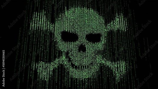 green binary code forming the shape of a skull, AI generated video