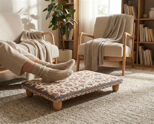 Floral Cream Upholstered Footstool, Low Wooden Fabric Footrest for Calm Interiors - Etsy