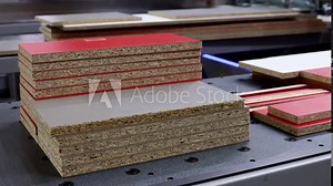 particle boards are stacked on a wood-cutting machine