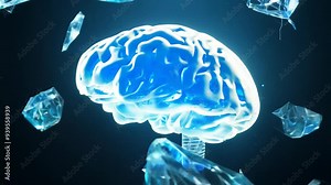 Visualization of a brain surrounded by microplastic particles, illustrating the problem of plastic entering the human body