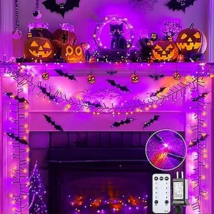 Halloween String Lights Outdoor Cluster Lights - 500 LED 25 Ft Orange Purple Twinkle Lights 8 Modes Timer Remote, Waterproof Plug in Halloween Fairy Lights for Indoor Outdoor Halloween Decorations
